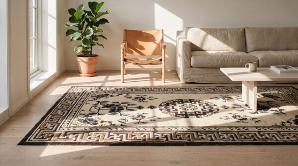 Antique chinese - mongolian small scatter size wool ivory rug 6 Antique chinese - mongolian small scatter size wool ivory rug (sku 21019) - room view