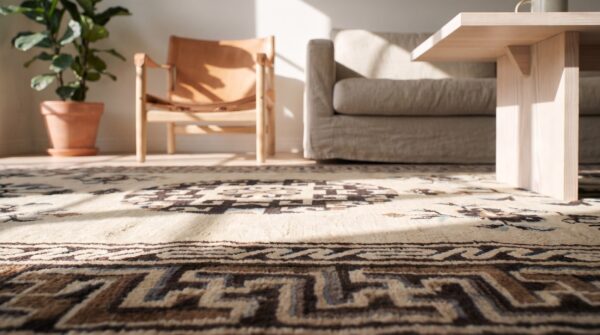 Antique chinese - mongolian small scatter size wool ivory rug 7 Antique chinese - mongolian small scatter size wool ivory rug (sku 21019) - in-room detail