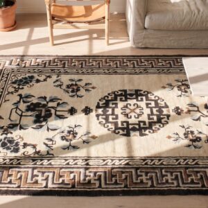 Antique Chinese - Mongolian Small Scatter Size Wool Ivory Rug (SKU 21019) - styled overhead view