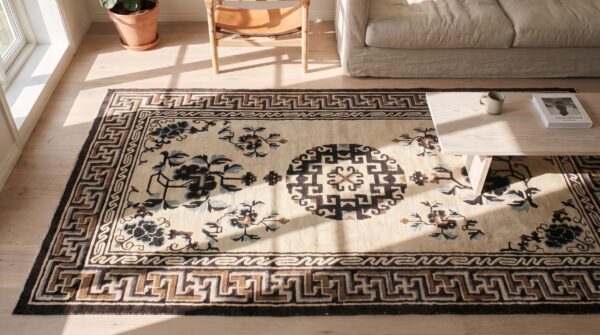 Antique chinese - mongolian small scatter size wool ivory rug 2 Antique chinese - mongolian small scatter size wool ivory rug (sku 21019) - styled overhead view