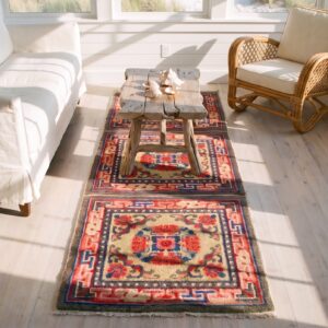 Antique Chinese - Mongolian Small Scatter Size Wool Yellow Rug (SKU 21832) - styled overhead view