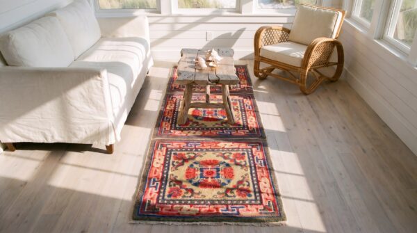 Antique chinese - mongolian small scatter size wool yellow rug (sku 21832) - styled overhead view