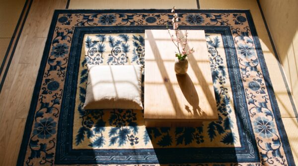 Antique chinese - mongolian knotted square rug (sku 24502) - styled overhead view