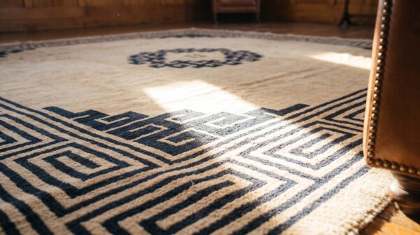 Antique chinese-mongolian square room size wool ivory rug 7 Antique chinese-mongolian square room size wool ivory rug (sku 20430) - in-room detail