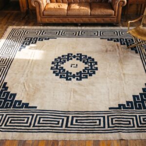 Antique Chinese-Mongolian Square Room Size Wool Ivory Rug (SKU 20430) - styled overhead view