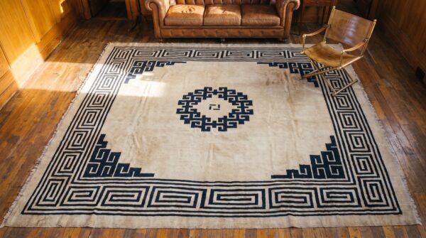Antique chinese-mongolian square room size wool ivory rug 2 Antique chinese-mongolian square room size wool ivory rug (sku 20430) - styled overhead view