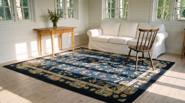 Antique chinese navy blue allover floral pattern square peking rug 7 Antique chinese navy blue allover floral pattern square peking rug (sku 25054) - room view