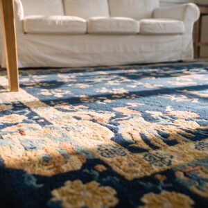 Antique Chinese Navy Blue Allover Floral Pattern Square Peking Rug (SKU 25054) - in-room detail