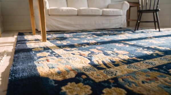 Antique chinese navy blue allover floral pattern square peking rug 8 Antique chinese navy blue allover floral pattern square peking rug (sku 25054) - in-room detail