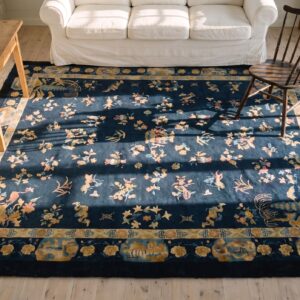 Antique Chinese Navy Blue Allover Floral Pattern Square Peking Rug (SKU 25054) - styled overhead view