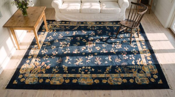 Antique chinese navy blue allover floral pattern square peking rug 2 Antique chinese navy blue allover floral pattern square peking rug (sku 25054) - styled overhead view