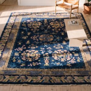 Antique Chinese Navy Blue Color Room Size Peking Rug (SKU 22500) - styled overhead view
