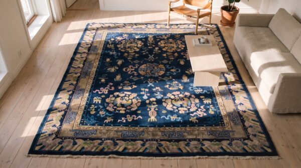 Antique chinese navy blue color room size peking rug 2 Antique chinese navy blue color room size peking rug (sku 22500) - styled overhead view