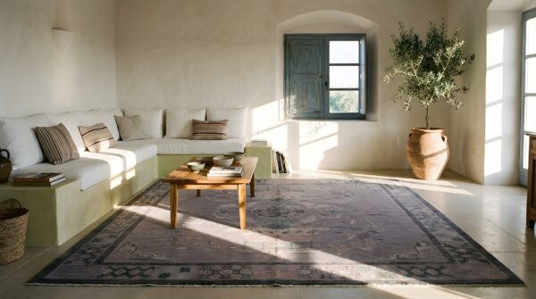 Antique chinese nepal rug 8'3"×8'8" hand-knotted wool, square format 8 Antique chinese nepal rug 8'3"×8'8" hand-knotted wool, square format (sku 22978) - room view