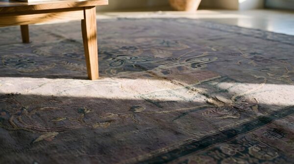 Antique chinese nepal rug 8'3"×8'8" hand-knotted wool, square format 9 Antique chinese nepal rug 8'3"×8'8" hand-knotted wool, square format (sku 22978) - in-room detail
