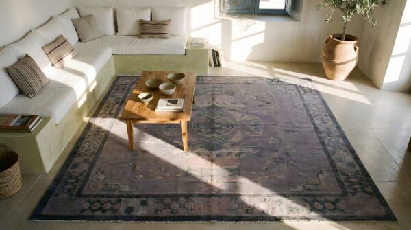 Antique chinese nepal rug 8'3"×8'8" hand-knotted wool, square format 2 Antique chinese nepal rug 8'3"×8'8" hand-knotted wool, square format (sku 22978) - styled overhead view