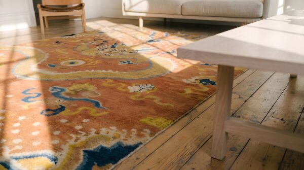 Antique chinese ningxia 1750s coral rug 8 Antique chinese ningxia 1750s coral rug (sku 22033) - in-room detail