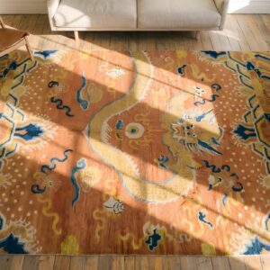 Antique Chinese Ningxia 1750s Coral Rug (SKU 22033) - styled overhead view