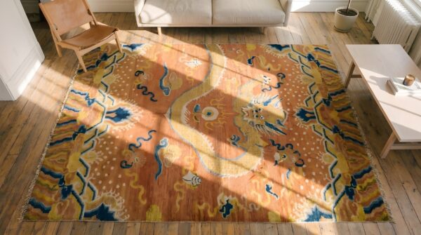 Antique chinese ningxia 1750s coral rug 2 Antique chinese ningxia 1750s coral rug (sku 22033) - styled overhead view