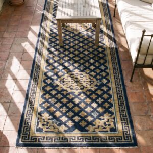 Antique Chinese Ningxia Blue 1800s Hallway Runner Rug (SKU 25539) - styled overhead view
