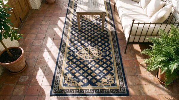 Antique chinese ningxia blue 1800s hallway runner rug 2 Antique chinese ningxia blue 1800s hallway runner rug (sku 25539) - styled overhead view