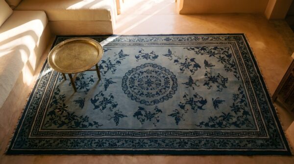 Antique chinese - ningxia blue 1850s rug 2 Antique chinese - ningxia blue 1850s rug (sku 25235) - styled overhead view