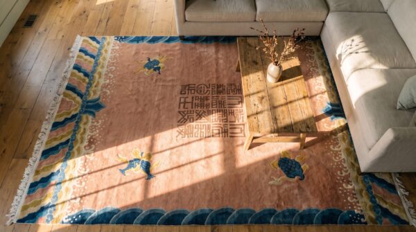 Antique chinese - ningxia coral 1930s rug 2 Antique chinese - ningxia coral 1930s rug (sku 25263) - styled overhead view