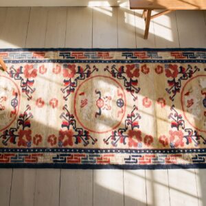 Antique Chinese Ningxia Foo Dog Design Hallway Runner Rug (SKU 25465) - styled overhead view
