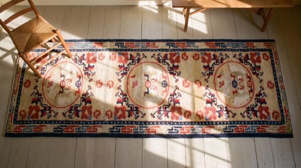 Antique chinese ningxia foo dog design hallway runner rug 2 Antique chinese ningxia foo dog design hallway runner rug (sku 25465) - styled overhead view