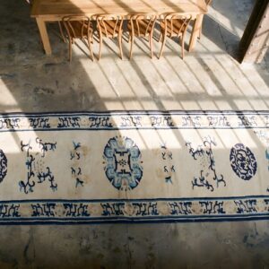 Antique Chinese Ningxia Knotted Hallway Runner Rug (SKU 22992) - styled overhead view