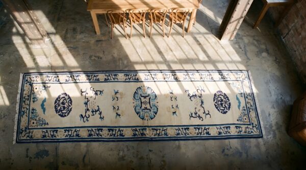 Antique chinese ningxia knotted hallway runner rug 2 Antique chinese ningxia knotted hallway runner rug (sku 22992) - styled overhead view