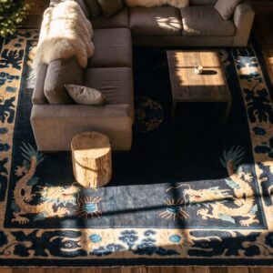 Antique Chinese - Ningxia Hallway Runner Wool Blue Rug (SKU 23376) - styled overhead view