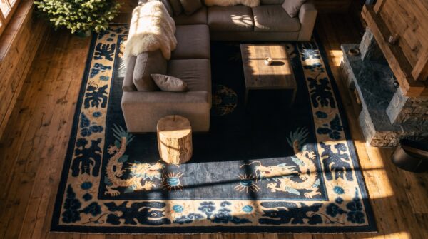 Antique chinese - ningxia hallway runner wool blue rug 2 Antique chinese - ningxia hallway runner wool blue rug (sku 23376) - styled overhead view