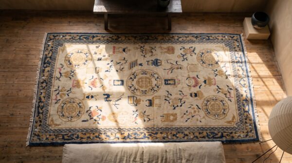 Antique chinese - ningxia hallway runner wool ivory rug 2 Antique chinese - ningxia hallway runner wool ivory rug (sku 19985) - styled overhead view