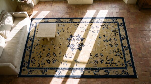 Antique chinese - ningxia hallway runner wool yellow rug 2 Antique chinese - ningxia hallway runner wool yellow rug (sku 21977) - styled overhead view