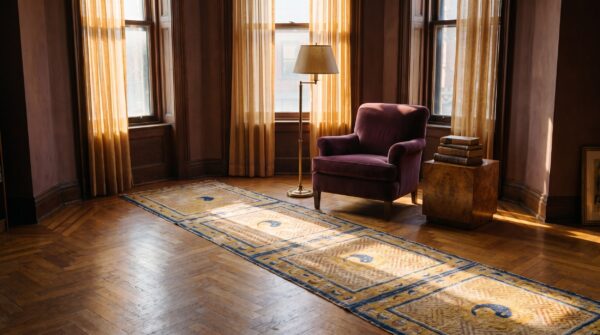 Antique chinese ningxia hallway runner wool yellow rug 9 Antique chinese ningxia hallway runner wool yellow rug (sku 25472) - room view