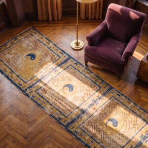 Antique Chinese Ningxia Hallway Runner Wool Yellow Rug (SKU 25472) - styled overhead view