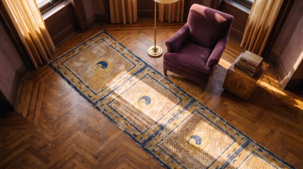 Antique chinese ningxia hallway runner wool yellow rug 2 Antique chinese ningxia hallway runner wool yellow rug (sku 25472) - styled overhead view