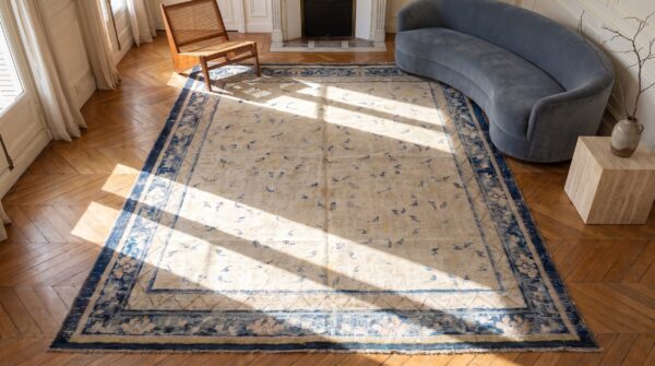 Antique chinese - ningxia chinese ivory 1750s rug 2 Antique chinese - ningxia chinese ivory 1750s rug (sku 19986) - styled overhead view