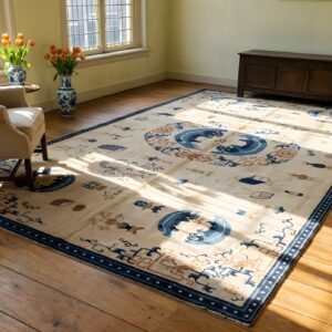 Antique Chinese Ningxia Large Room Size Wool Ivory Foo Dog Lion Rug (SKU 21724) - room view