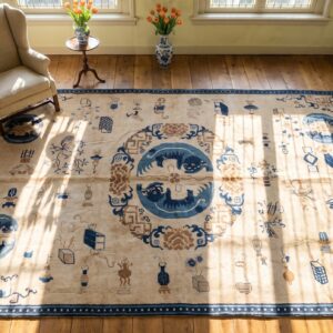 Antique Chinese Ningxia Large Room Size Wool Ivory Foo Dog Lion Rug (SKU 21724) - styled overhead view