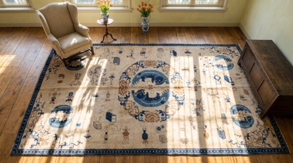 Antique chinese ningxia large room size wool ivory foo dog lion rug 2 Antique chinese ningxia large room size wool ivory foo dog lion rug (sku 21724) - styled overhead view