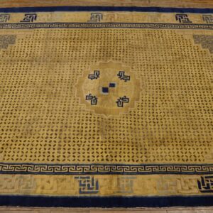 Antique Chinese - Ningxia Chinese Medallion Knotted Yellow Rug (SKU 24882) - styled overhead view