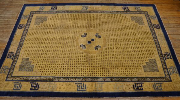 Antique chinese - ningxia chinese medallion knotted yellow rug 2 Antique chinese - ningxia chinese medallion knotted yellow rug (sku 24882) - styled overhead view