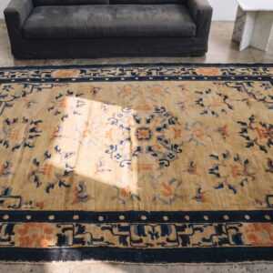 Antique Chinese - Ningxia Small Scatter Size Wool Blue Rug (SKU 20977) - styled overhead view