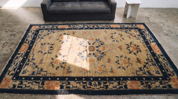 Antique chinese - ningxia small scatter size wool blue rug (sku 20977) - styled overhead view