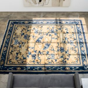 Antique Chinese - Ningxia Small Scatter Size Wool Brown Rug (SKU 22160) - styled overhead view