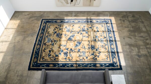 Antique chinese - ningxia small scatter size wool brown rug 2 Antique chinese - ningxia small scatter size wool brown rug (sku 22160) - styled overhead view