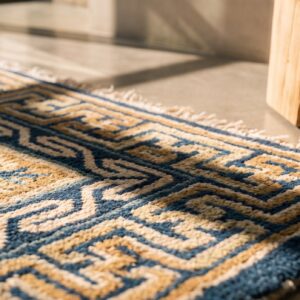 Antique Chinese Ningxia Square Small Scatter Size Wool Multicolor Rug (SKU 22579) - in-room detail