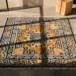 Antique Chinese Ningxia Square Small Scatter Size Wool Multicolor Rug (SKU 22579) - styled overhead view